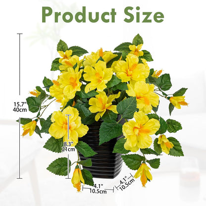 15.7'' Artificial Hibiscus Plant in Tall Black Woven Planter, Tropical Faux Hibiscus Flowers with Cascading Leaves, Small Fake Flower Pot for Bathroom, Entryway Table, Living Room Decor, Yellow