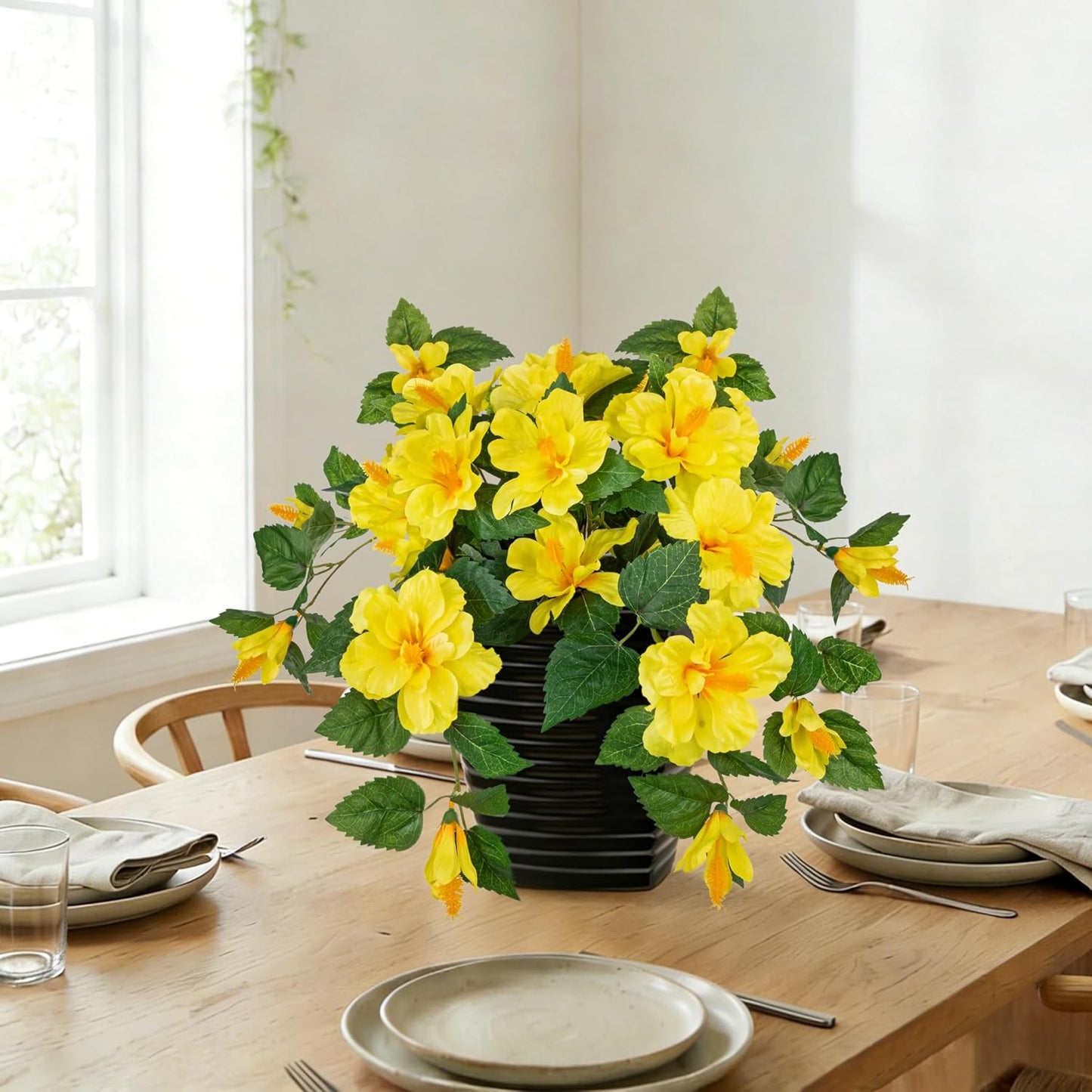 15.7'' Artificial Hibiscus Plant in Tall Black Woven Planter, Tropical Faux Hibiscus Flowers with Cascading Leaves, Small Fake Flower Pot for Bathroom, Entryway Table, Living Room Decor, Yellow