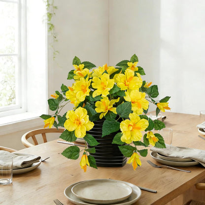 15.7'' Artificial Hibiscus Plant in Tall Black Woven Planter, Tropical Faux Hibiscus Flowers with Cascading Leaves, Small Fake Flower Pot for Bathroom, Entryway Table, Living Room Decor, Yellow