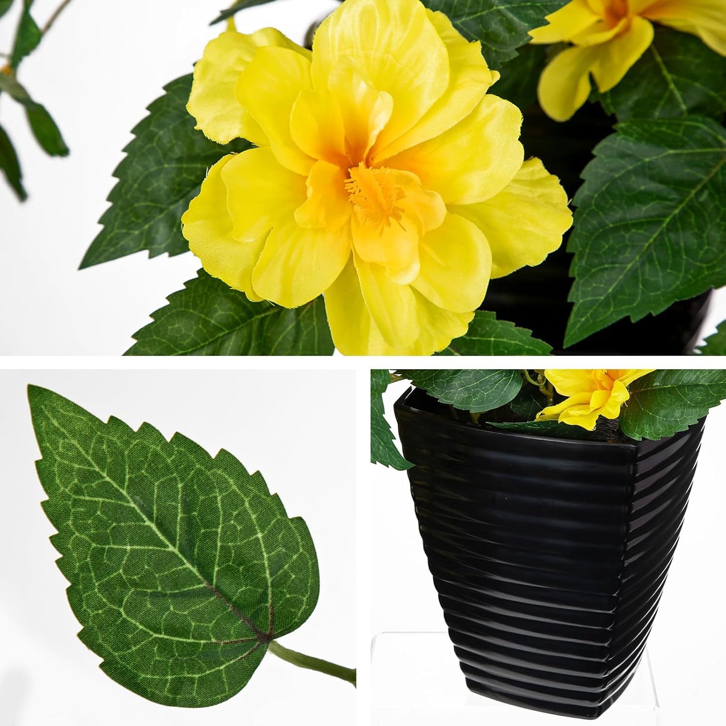 15.7'' Artificial Hibiscus Plant in Tall Black Woven Planter, Tropical Faux Hibiscus Flowers with Cascading Leaves, Small Fake Flower Pot for Bathroom, Entryway Table, Living Room Decor, Yellow