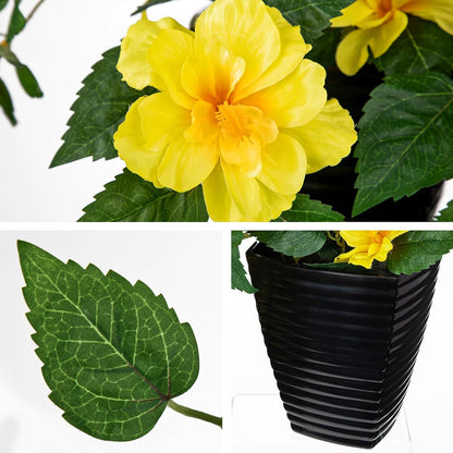 15.7'' Artificial Hibiscus Plant in Tall Black Woven Planter, Tropical Faux Hibiscus Flowers with Cascading Leaves, Small Fake Flower Pot for Bathroom, Entryway Table, Living Room Decor, Yellow