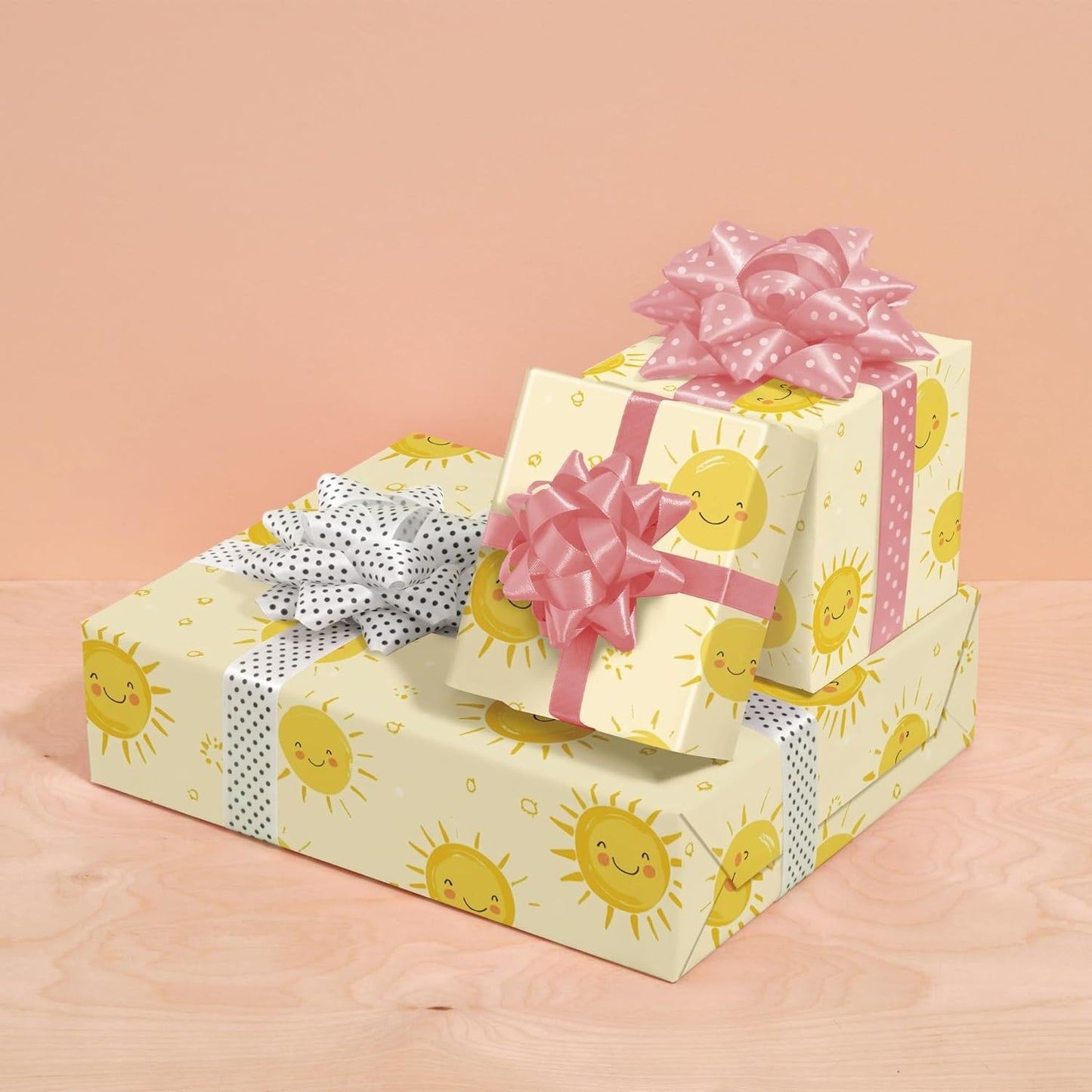 Sun Smile Wrapping Paper for Kids Adults - Yellow Sunshine Gift Wrap With Cute Suns for Birthday, Baby Shower Summer and All Occasions - 28x40 Inches, 4 Sheets