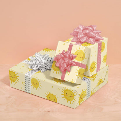Sun Smile Wrapping Paper for Kids Adults - Yellow Sunshine Gift Wrap With Cute Suns for Birthday, Baby Shower Summer and All Occasions - 28x40 Inches, 4 Sheets