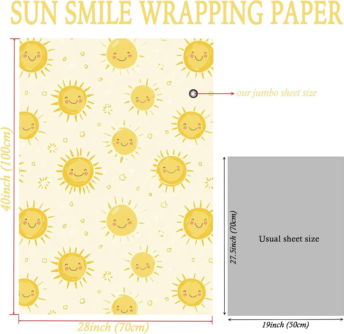 Sun Smile Wrapping Paper for Kids Adults - Yellow Sunshine Gift Wrap With Cute Suns for Birthday, Baby Shower Summer and All Occasions - 28x40 Inches, 4 Sheets