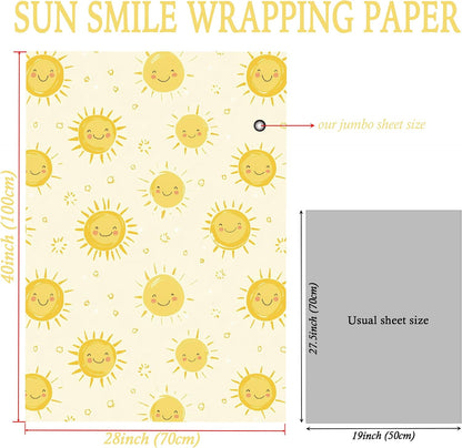 Sun Smile Wrapping Paper for Kids Adults - Yellow Sunshine Gift Wrap With Cute Suns for Birthday, Baby Shower Summer and All Occasions - 28x40 Inches, 4 Sheets