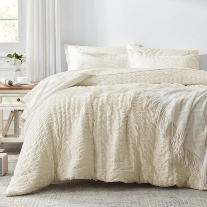 Queen Comforter Set 7 Pieces, Pale Yellow Seersucker Bed in a Bag with Comforter, 2 Pillow Shams, 2 Pillowcases, 1 Flat Sheet, 1 Fitted Sheet
