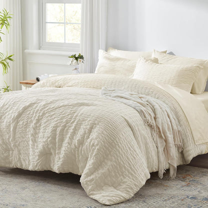 Queen Comforter Set 7 Pieces, Pale Yellow Seersucker Bed in a Bag with Comforter, 2 Pillow Shams, 2 Pillowcases, 1 Flat Sheet, 1 Fitted Sheet