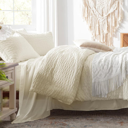 Queen Comforter Set 7 Pieces, Pale Yellow Seersucker Bed in a Bag with Comforter, 2 Pillow Shams, 2 Pillowcases, 1 Flat Sheet, 1 Fitted Sheet