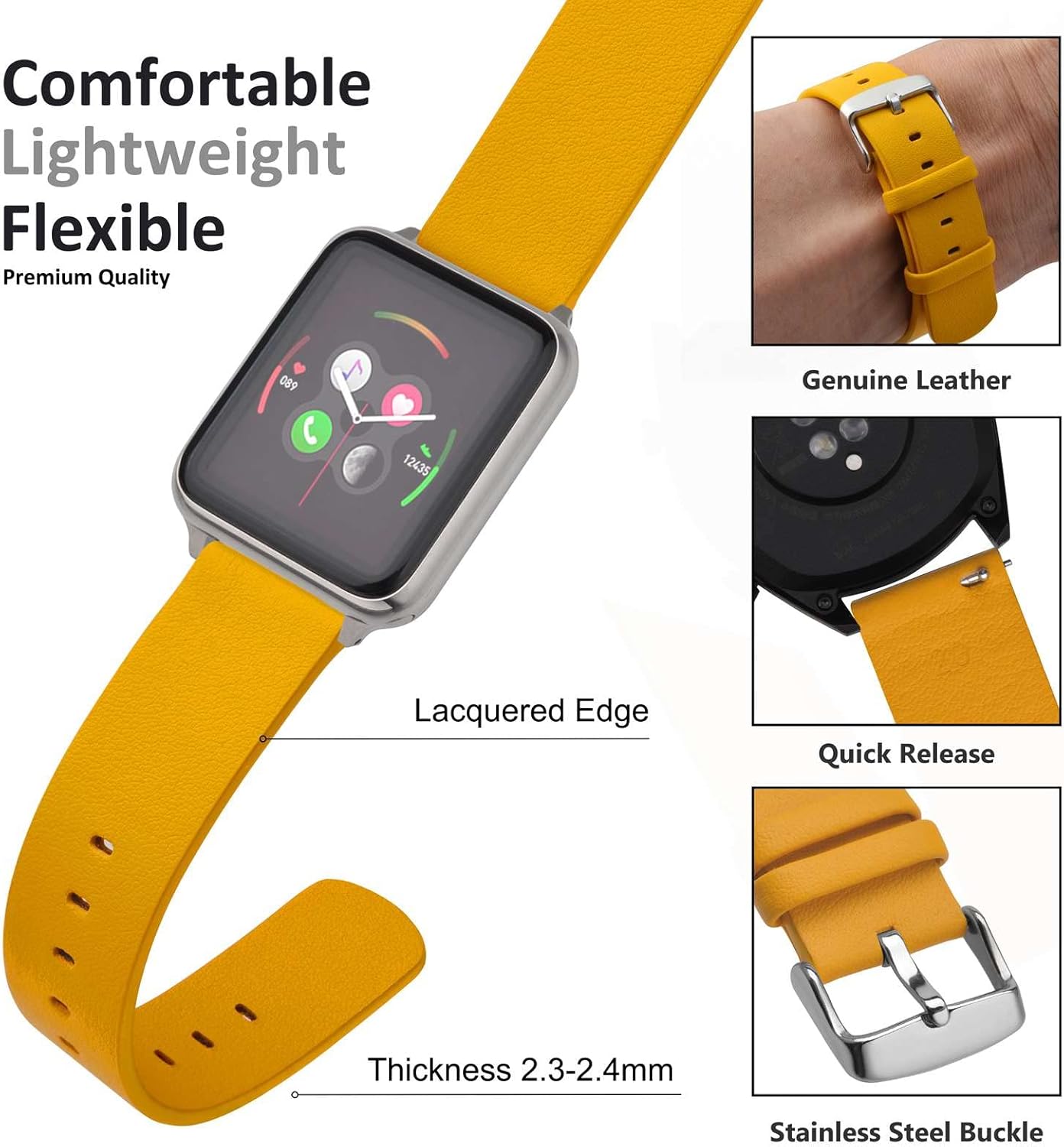 WOCCI 20mm Flexible Leather Watch Band for Smart Watch with Silver Buckle (Yellow)