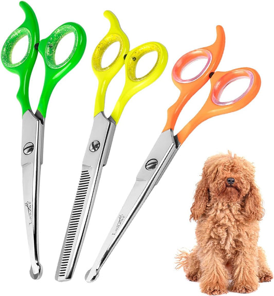 Laazar Dog Grooming Scissors Kit, Pet Grooming Scissors Set – Straight, Curved & Thinning Shears | Grooming Scissors for Dogs at Home | Safety Round Tips, Colorful Handles