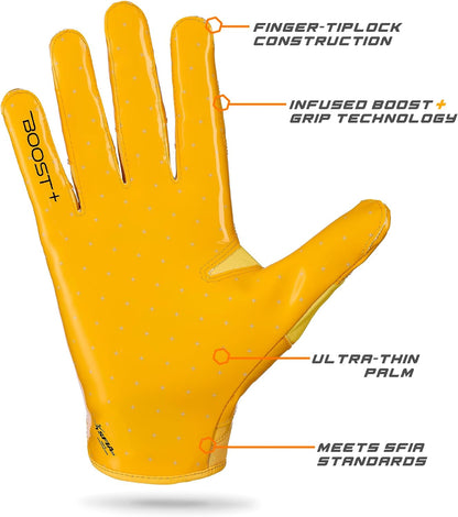 Football Gloves - Solid Stealth 6.0 Boost Plus Sticky Technology - Adult and Youth Football Gloves for Wide Receiver - Men's and Boys Sizes
