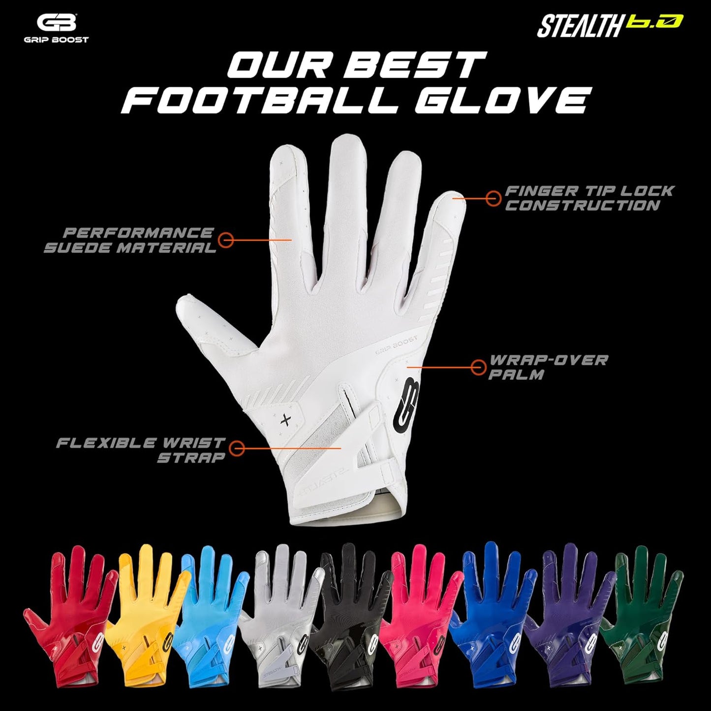 Football Gloves - Solid Stealth 6.0 Boost Plus Sticky Technology - Adult and Youth Football Gloves for Wide Receiver - Men's and Boys Sizes