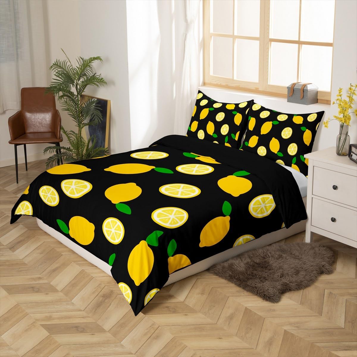 Lemon Duvet Cover Sets Full,Tropical Fruit Leaves Bedding Set 3pcs for Kids Teens Boys Girls Room Decor,Botanical Natural Comforter Cover Bright Yellow and Black Quilt Cover with 2 Pillowcases