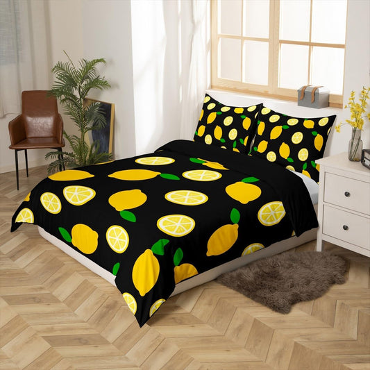 Lemon Duvet Cover Sets Full,Tropical Fruit Leaves Bedding Set 3pcs for Kids Teens Boys Girls Room Decor,Botanical Natural Comforter Cover Bright Yellow and Black Quilt Cover with 2 Pillowcases