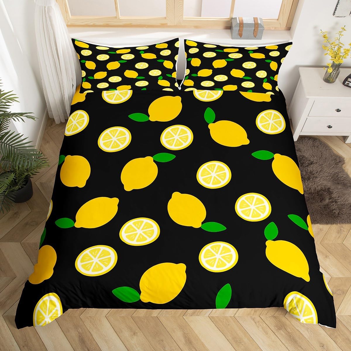 Lemon Duvet Cover Sets Full,Tropical Fruit Leaves Bedding Set 3pcs for Kids Teens Boys Girls Room Decor,Botanical Natural Comforter Cover Bright Yellow and Black Quilt Cover with 2 Pillowcases