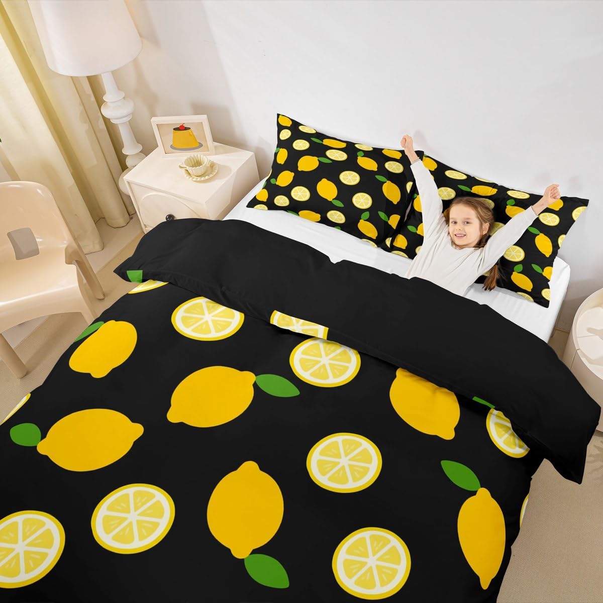 Lemon Duvet Cover Sets Full,Tropical Fruit Leaves Bedding Set 3pcs for Kids Teens Boys Girls Room Decor,Botanical Natural Comforter Cover Bright Yellow and Black Quilt Cover with 2 Pillowcases