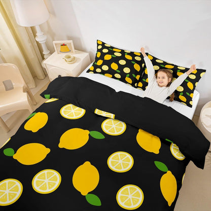Lemon Duvet Cover Sets Full,Tropical Fruit Leaves Bedding Set 3pcs for Kids Teens Boys Girls Room Decor,Botanical Natural Comforter Cover Bright Yellow and Black Quilt Cover with 2 Pillowcases