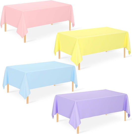4 Pcs Plastic Pastel Color Tablecloths, Blue, Pink, Yellow, Purple Table Cloth Disposable Rectangle Table Covers for Baby Shower, Bridal Shower, Wedding, Birthday Party Decorations 54 x 108 Inch