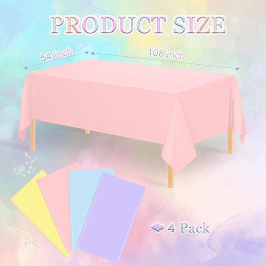 4 Pcs Plastic Pastel Color Tablecloths, Blue, Pink, Yellow, Purple Table Cloth Disposable Rectangle Table Covers for Baby Shower, Bridal Shower, Wedding, Birthday Party Decorations 54 x 108 Inch