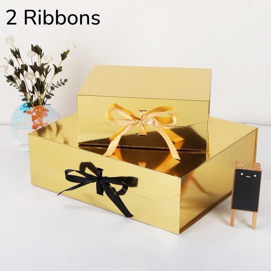 1 Gold Gift Box 8x7X3.5 Inch,Magnetic Lid Collapsible Gift Box | Luxury Gift Boxe for Birthdays Christmas Wedding ,Include Shredded Paper Filler