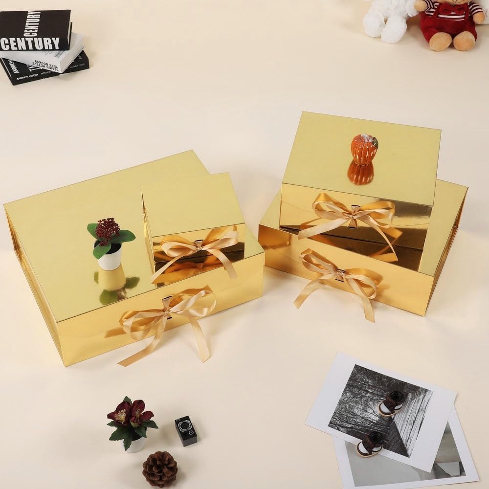 1 Gold Gift Box 8x7X3.5 Inch,Magnetic Lid Collapsible Gift Box | Luxury Gift Boxe for Birthdays Christmas Wedding ,Include Shredded Paper Filler