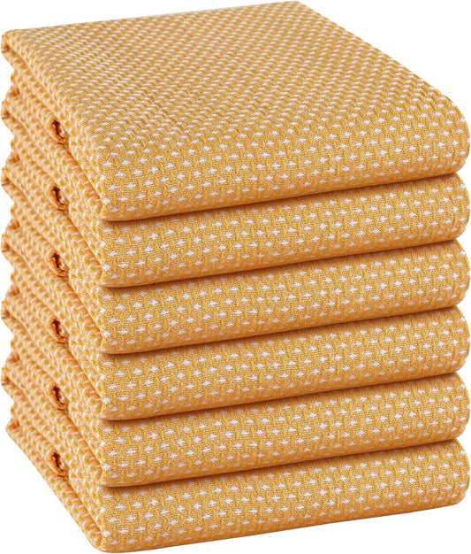 6-Pack Kitchen Towels, 100% Cotton Dotted Weave, 18x28 Inch, Soft & Absorbent Wash Cloths Set with Hanging Loop, Washable and Reusable Dishcloths for Cooking, Cleaning - Mustard Yellow