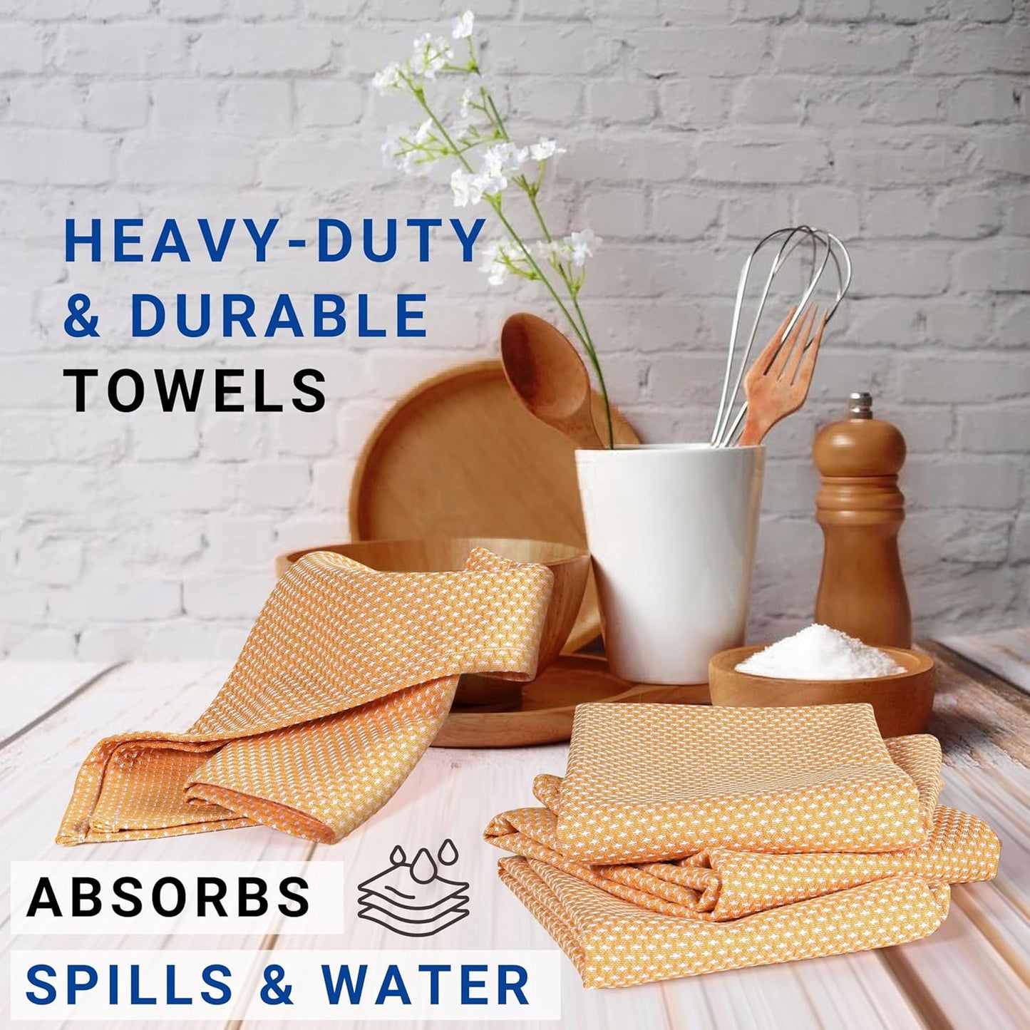 6-Pack Kitchen Towels, 100% Cotton Dotted Weave, 18x28 Inch, Soft & Absorbent Wash Cloths Set with Hanging Loop, Washable and Reusable Dishcloths for Cooking, Cleaning - Mustard Yellow