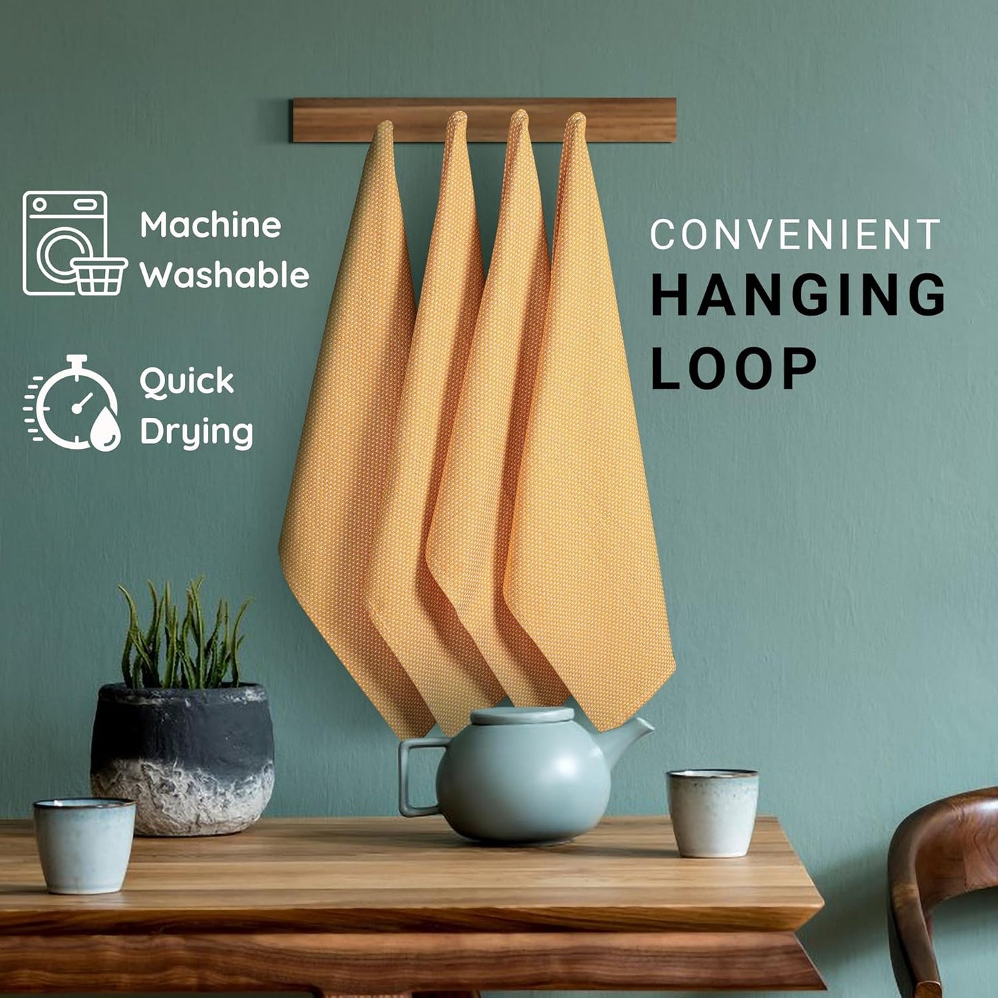 6-Pack Kitchen Towels, 100% Cotton Dotted Weave, 18x28 Inch, Soft & Absorbent Wash Cloths Set with Hanging Loop, Washable and Reusable Dishcloths for Cooking, Cleaning - Mustard Yellow