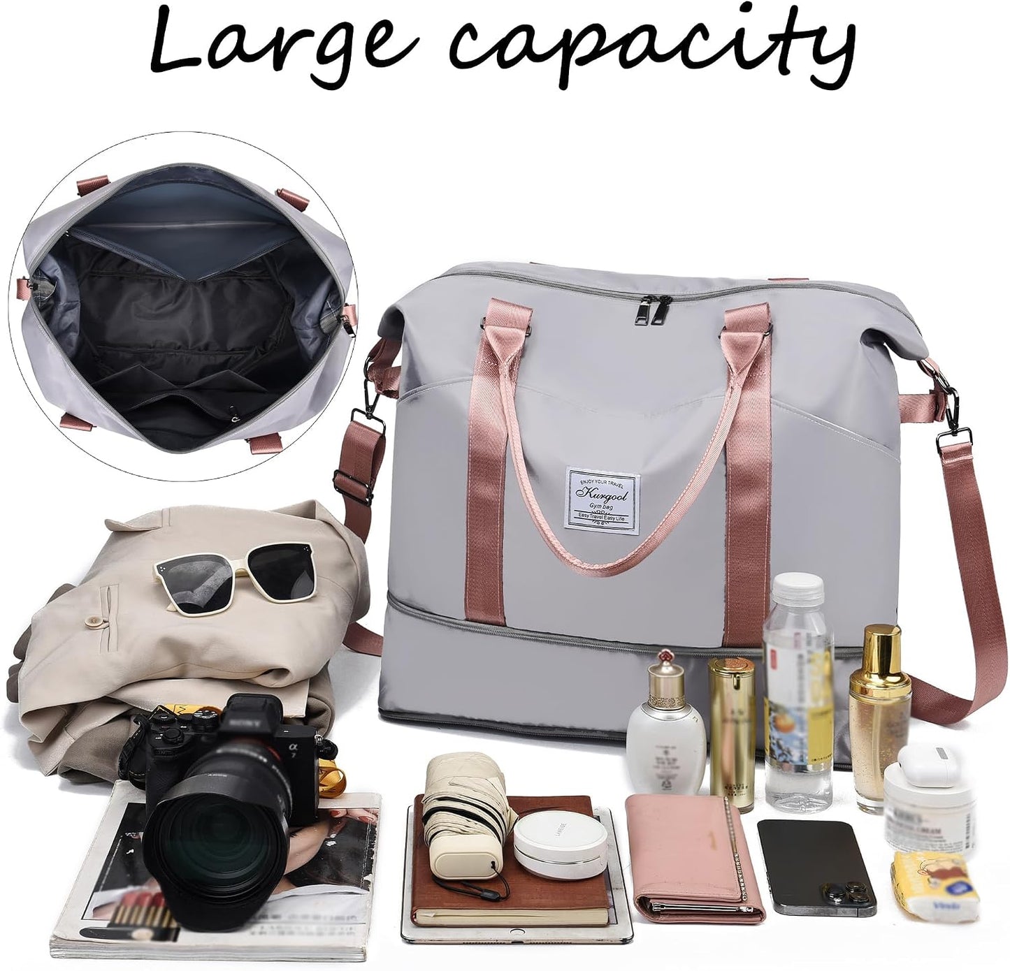 Gym Bag with Wet Pocket, Foldable Travel Duffle Bag Carry On Weekender Bags for Women, Waterproof Overnight Bag for Travel, Gym, Yoga