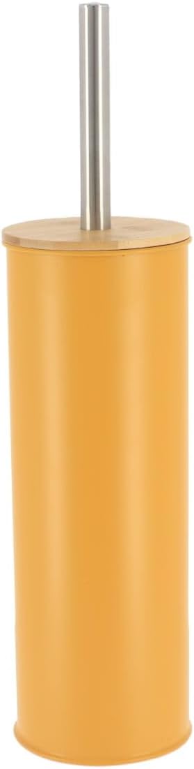 Mustard Yellow Metal Toilet Brush and Holder Set with Bamboo Lid, Modern Bathroom Accessory Set for Deep Cleaning, Compact Design, Durable Bristles, Easy Grip Handle, Splash Guard, Steel Finish