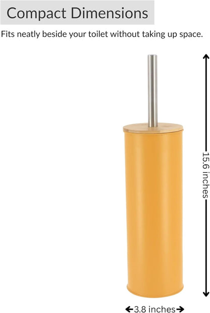 Mustard Yellow Metal Toilet Brush and Holder Set with Bamboo Lid, Modern Bathroom Accessory Set for Deep Cleaning, Compact Design, Durable Bristles, Easy Grip Handle, Splash Guard, Steel Finish