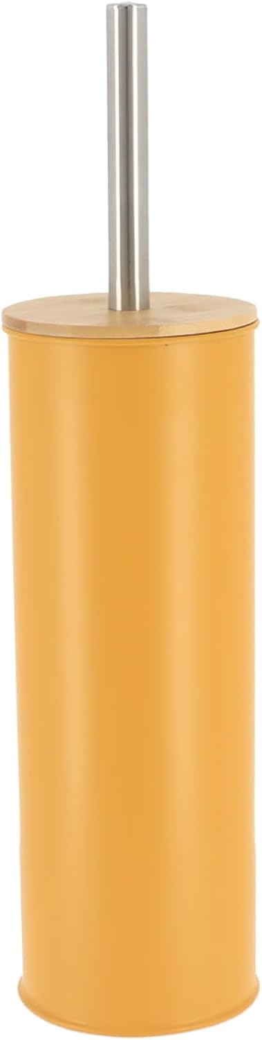 Mustard Yellow Metal Toilet Brush and Holder Set with Bamboo Lid, Modern Bathroom Accessory Set for Deep Cleaning, Compact Design, Durable Bristles, Easy Grip Handle, Splash Guard, Steel Finish