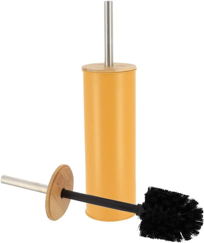 Mustard Yellow Metal Toilet Brush and Holder Set with Bamboo Lid, Modern Bathroom Accessory Set for Deep Cleaning, Compact Design, Durable Bristles, Easy Grip Handle, Splash Guard, Steel Finish