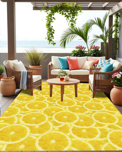 Bright Yellow Lemon Slice Print Outdoor Rugs Modern Vibrant Ctue Area Rug 10x14 for Porch Patio Deck Camping Waterproof Washable Non Slip Floor Mats Foyer Backyard Fresh Summer Cool Outside Carpet