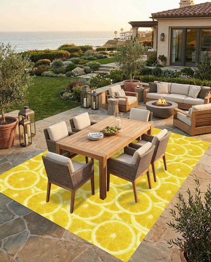 Bright Yellow Lemon Slice Print Outdoor Rugs Modern Vibrant Ctue Area Rug 10x14 for Porch Patio Deck Camping Waterproof Washable Non Slip Floor Mats Foyer Backyard Fresh Summer Cool Outside Carpet