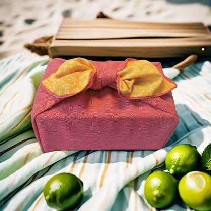 Furoshiki Japanese Wrapping Cloth Eco Gift Wrap Paper Reversible Cherry blossoms Eco-bag Christmas birthday Bento Lunch Box Wine Bottle Box Kimono Cover (Red and Yellow, 27.6 x 27.6 inches)