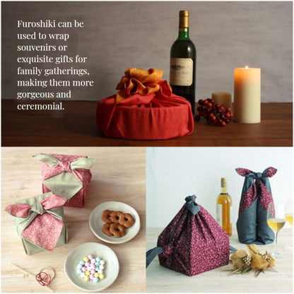 Furoshiki Japanese Wrapping Cloth Eco Gift Wrap Paper Reversible Cherry blossoms Eco-bag Christmas birthday Bento Lunch Box Wine Bottle Box Kimono Cover (Red and Yellow, 27.6 x 27.6 inches)