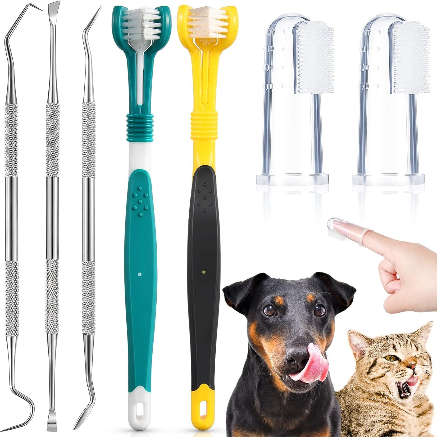 7 Count Dog Teeth Cleaning Kit Includes Tooth Scaler and Tarter Remover Scraper 3 Head Pet Toothbrush and Dog Finger Toothbrush Plaque Remover Tools(Classic Style,Black Yellow and Dark Green)