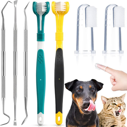 7 Count Dog Teeth Cleaning Kit Includes Tooth Scaler and Tarter Remover Scraper 3 Head Pet Toothbrush and Dog Finger Toothbrush Plaque Remover Tools(Classic Style,Black Yellow and Dark Green)