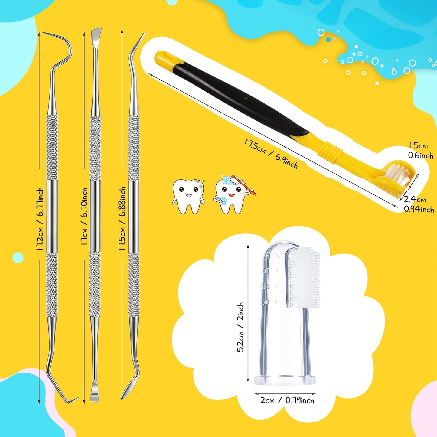 7 Count Dog Teeth Cleaning Kit Includes Tooth Scaler and Tarter Remover Scraper 3 Head Pet Toothbrush and Dog Finger Toothbrush Plaque Remover Tools(Classic Style,Black Yellow and Dark Green)
