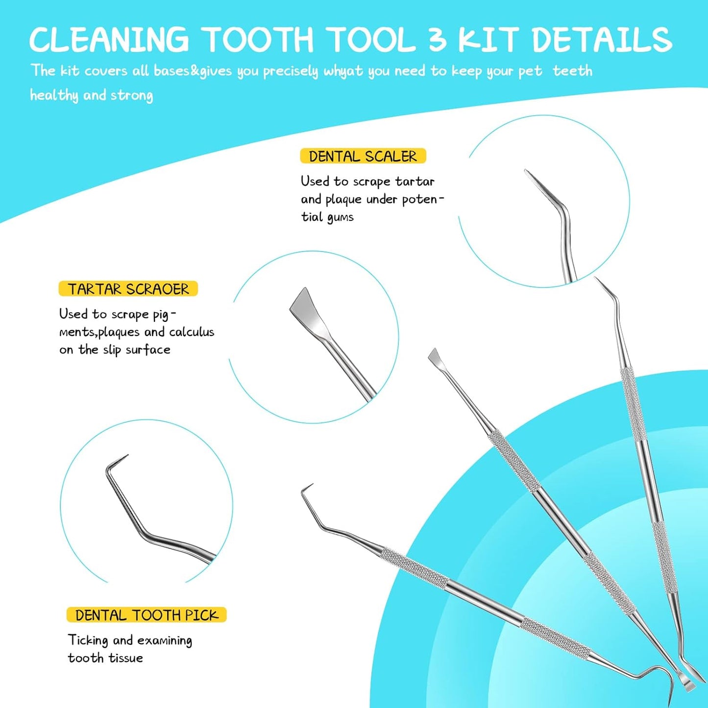 7 Count Dog Teeth Cleaning Kit Includes Tooth Scaler and Tarter Remover Scraper 3 Head Pet Toothbrush and Dog Finger Toothbrush Plaque Remover Tools(Classic Style,Black Yellow and Dark Green)