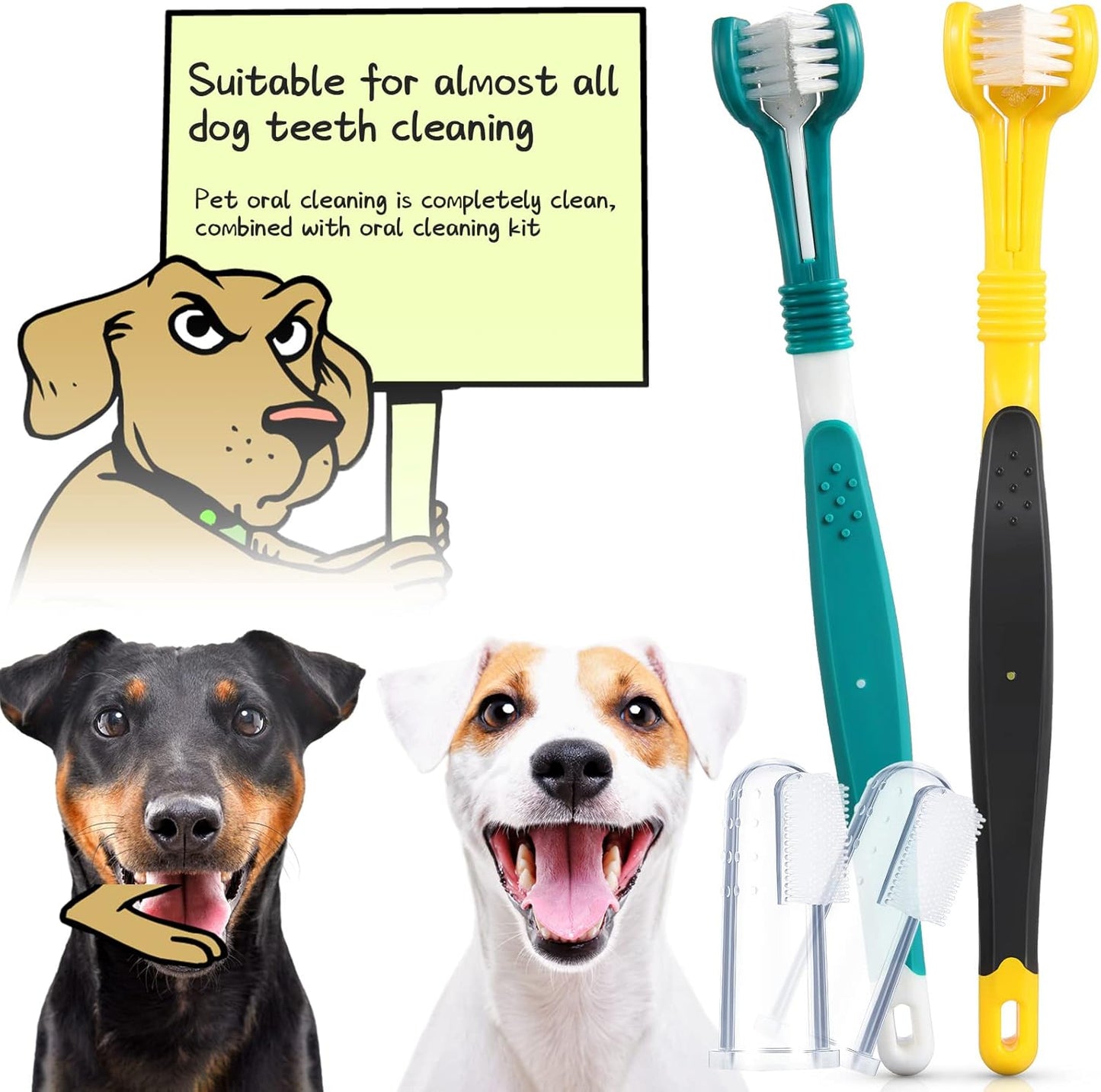 7 Count Dog Teeth Cleaning Kit Includes Tooth Scaler and Tarter Remover Scraper 3 Head Pet Toothbrush and Dog Finger Toothbrush Plaque Remover Tools(Classic Style,Black Yellow and Dark Green)