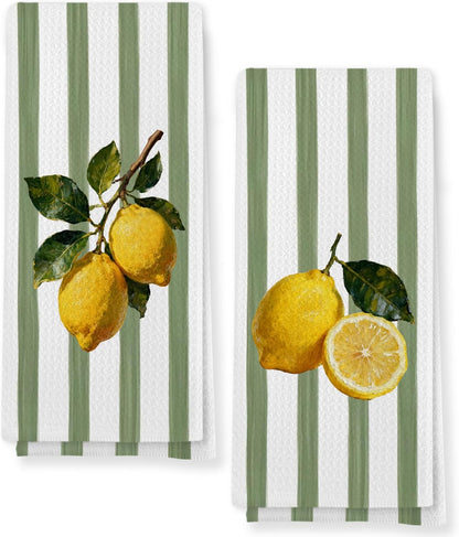 Rustic Lemon Kitchen Towels Set of 2, Farmhouse Yellow Lemon Botanical Hand Towels for Bathroom Kitchen Decor, Summer Fruit Sage Green Striped Dish Tea Towel, 16x24 Inch