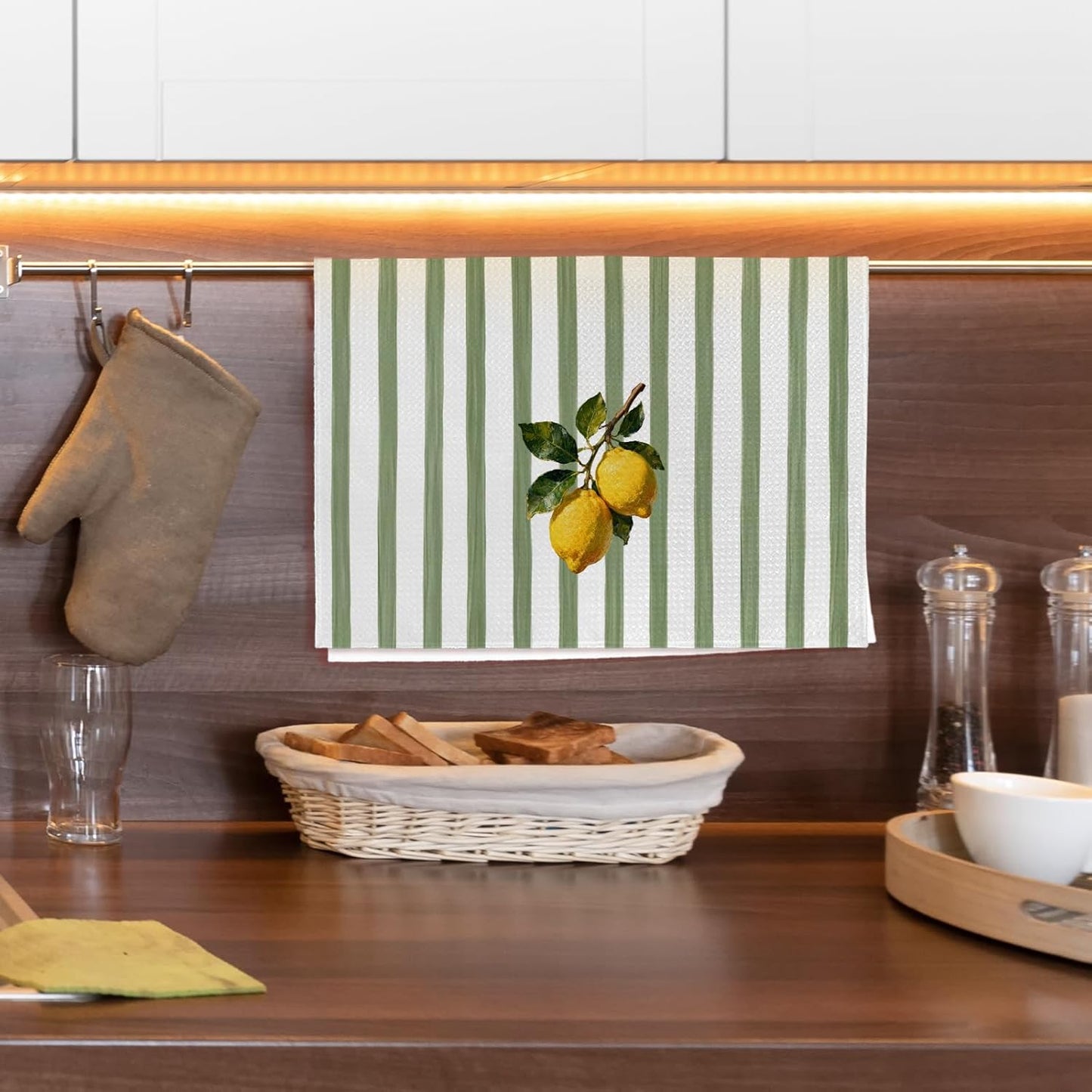 Rustic Lemon Kitchen Towels Set of 2, Farmhouse Yellow Lemon Botanical Hand Towels for Bathroom Kitchen Decor, Summer Fruit Sage Green Striped Dish Tea Towel, 16x24 Inch