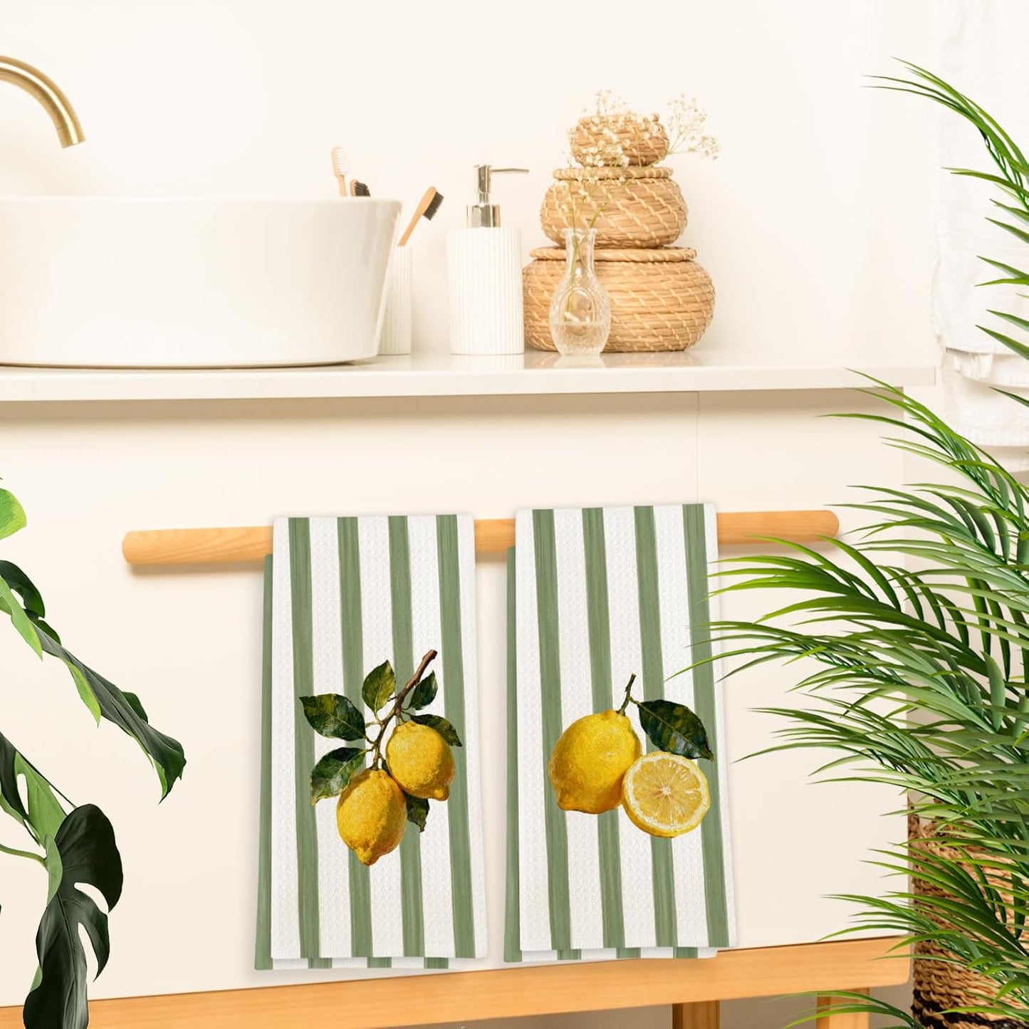 Rustic Lemon Kitchen Towels Set of 2, Farmhouse Yellow Lemon Botanical Hand Towels for Bathroom Kitchen Decor, Summer Fruit Sage Green Striped Dish Tea Towel, 16x24 Inch