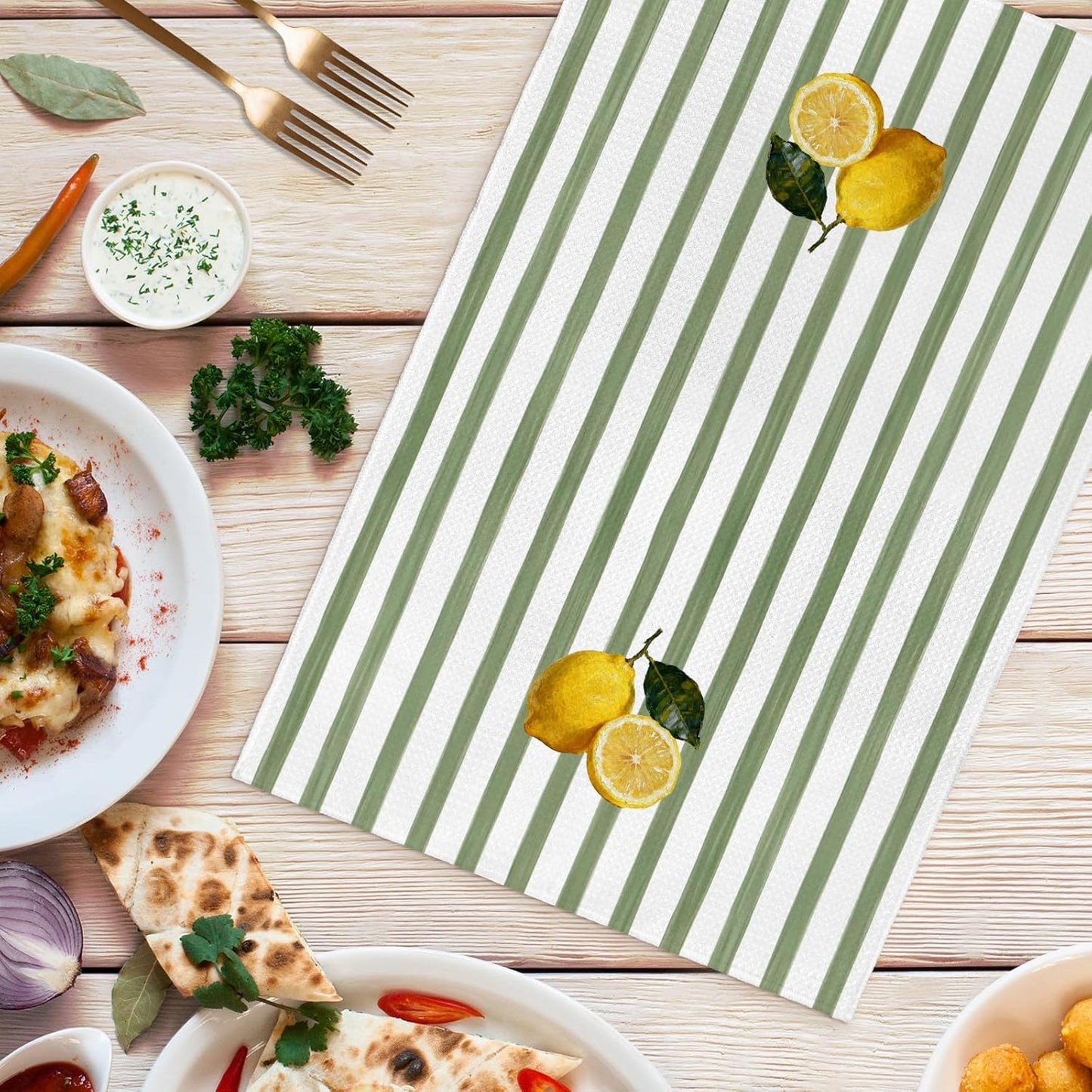 Rustic Lemon Kitchen Towels Set of 2, Farmhouse Yellow Lemon Botanical Hand Towels for Bathroom Kitchen Decor, Summer Fruit Sage Green Striped Dish Tea Towel, 16x24 Inch
