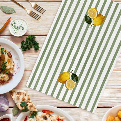 Rustic Lemon Kitchen Towels Set of 2, Farmhouse Yellow Lemon Botanical Hand Towels for Bathroom Kitchen Decor, Summer Fruit Sage Green Striped Dish Tea Towel, 16x24 Inch