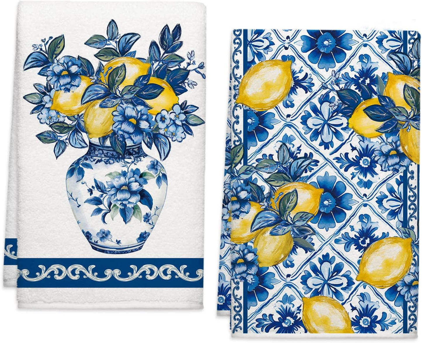Summer Amalfi Coast Lemon Floral Kitchen Towels, Porcelain Dish Towels Set of 2, Blue and White Chinoiserie 18 x 26 Inch Hand Towel Quick Drying Dishcloth Decor for Kitchen Bathroom Home