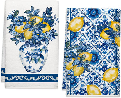 Summer Amalfi Coast Lemon Floral Kitchen Towels, Porcelain Dish Towels Set of 2, Blue and White Chinoiserie 18 x 26 Inch Hand Towel Quick Drying Dishcloth Decor for Kitchen Bathroom Home