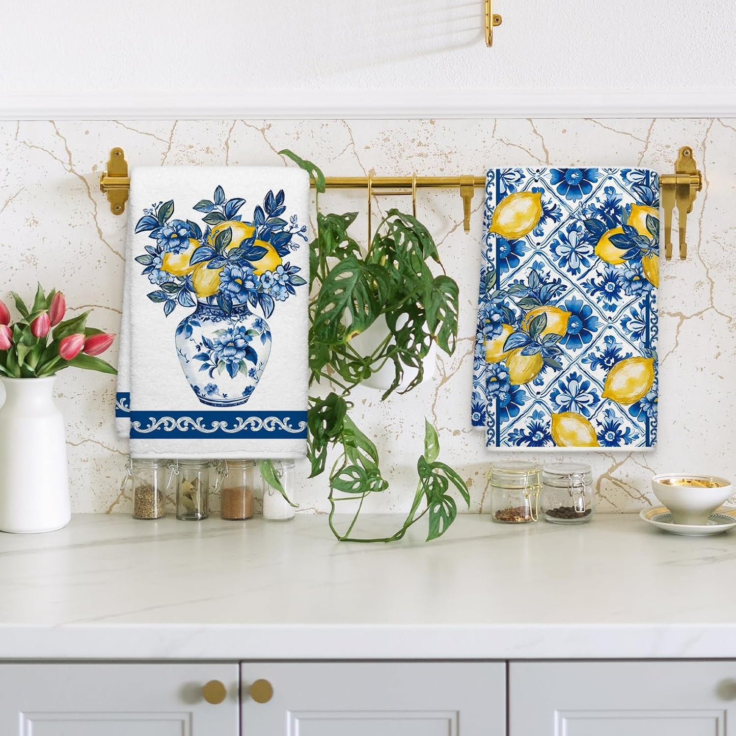 Summer Amalfi Coast Lemon Floral Kitchen Towels, Porcelain Dish Towels Set of 2, Blue and White Chinoiserie 18 x 26 Inch Hand Towel Quick Drying Dishcloth Decor for Kitchen Bathroom Home